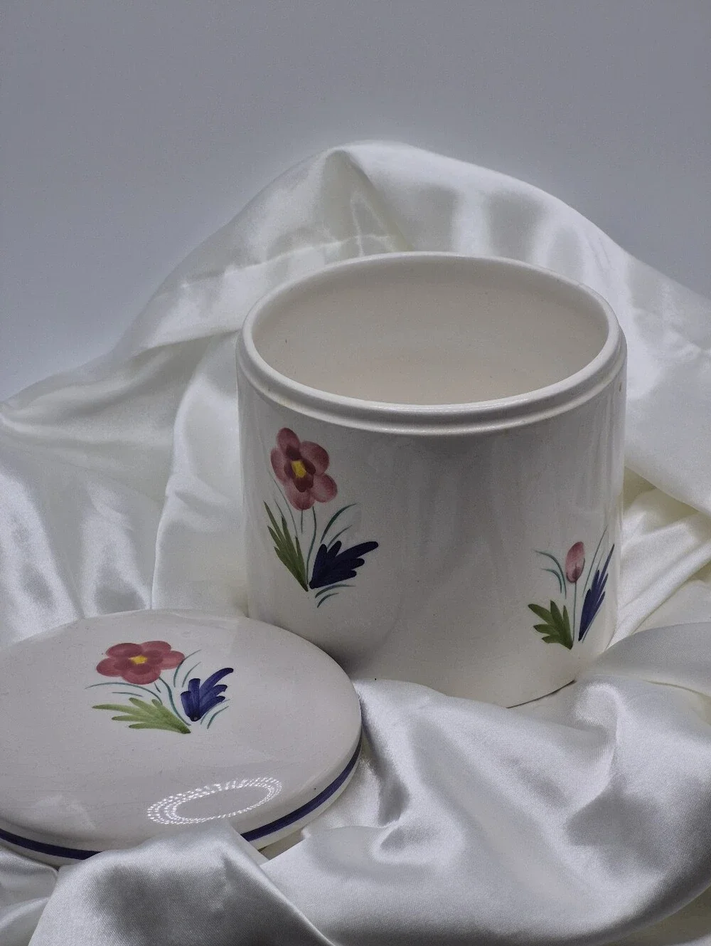 PIER ONE Hand-Painted Floral Ceramic Canister - White with Pink & Blue Flowers